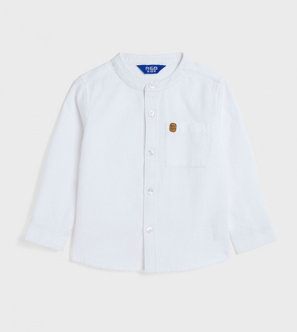 Waffle Textured Shirt with Mandarin Collar and Long Sleeves