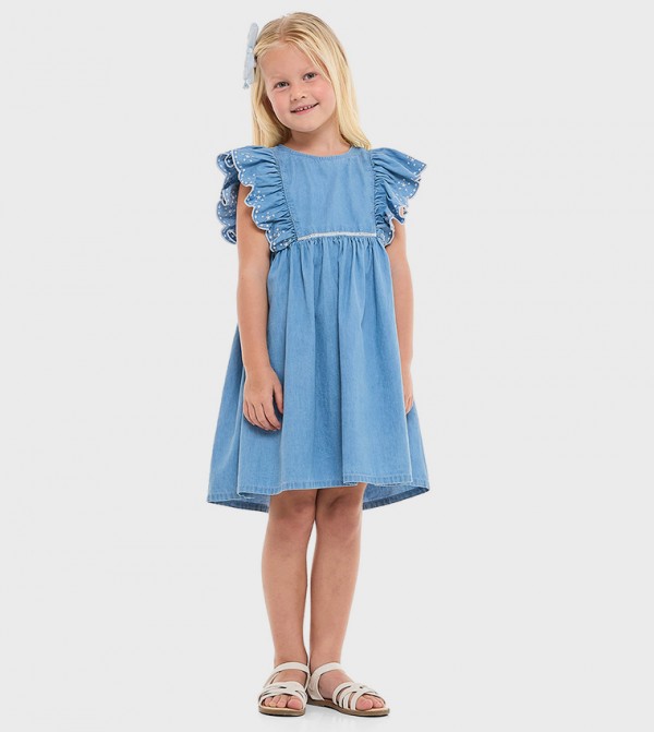 Embroidered Denim Dress with Crew Neck and Flutter Sleeves