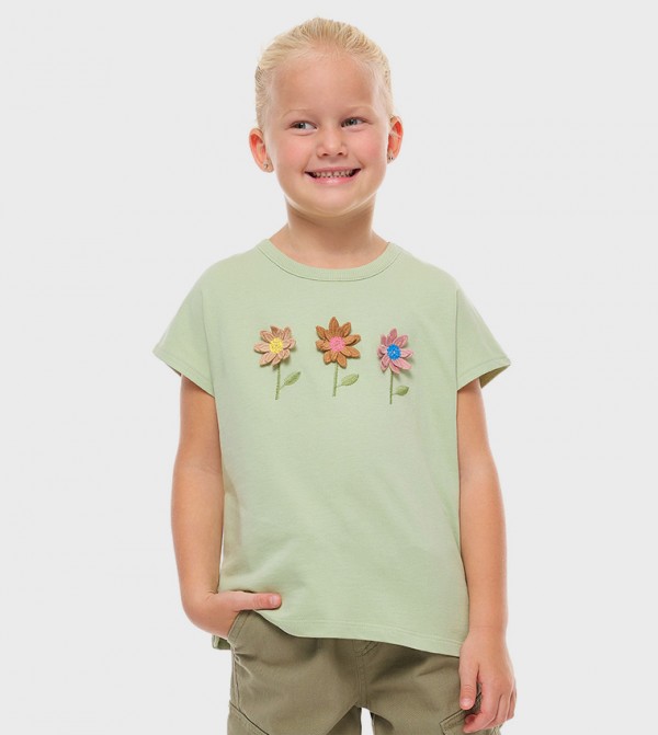 Appliqued T-Shirt with Crew Neck and Short Sleeves