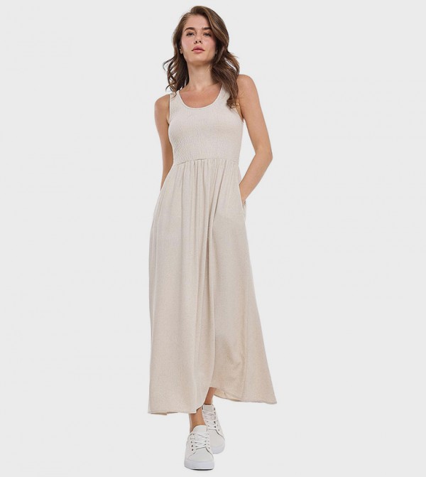 Smocked Sleeveless Dress with Scoop Neck 