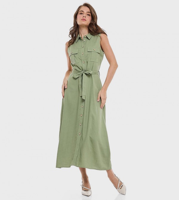 Pocket Detail Sleeveless Shirt Dress with Classic Collar