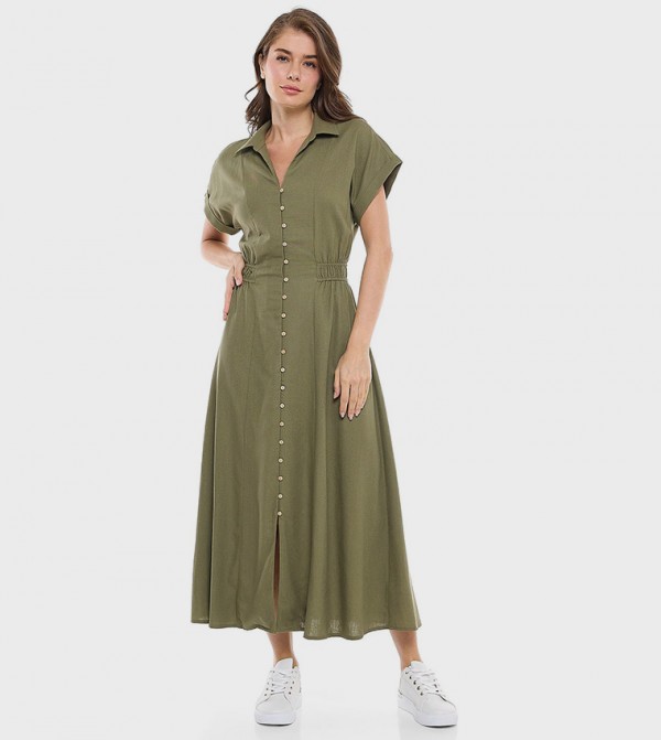 Ruched Side Classic Collar Short Sleeves Shirt Dress