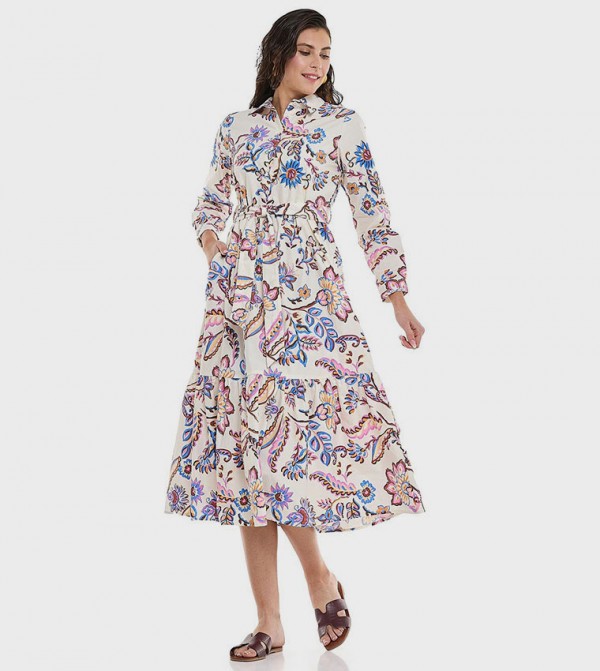 Printed Shirt Dress with Classic Collar and Short Sleeves