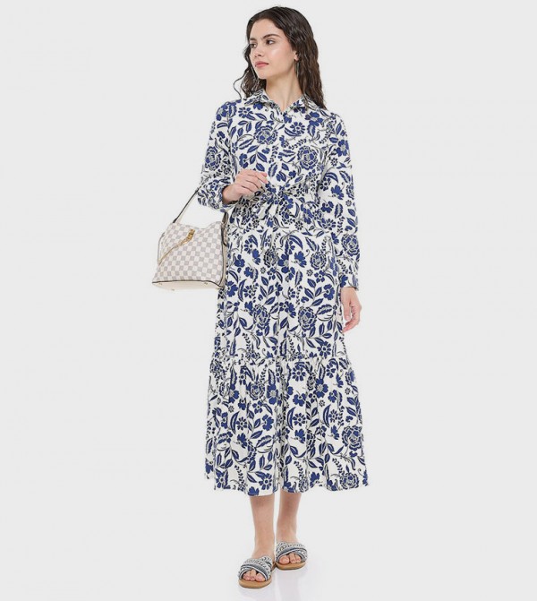 Patterned Shirt Dress with Classic Collar and Long Sleeves