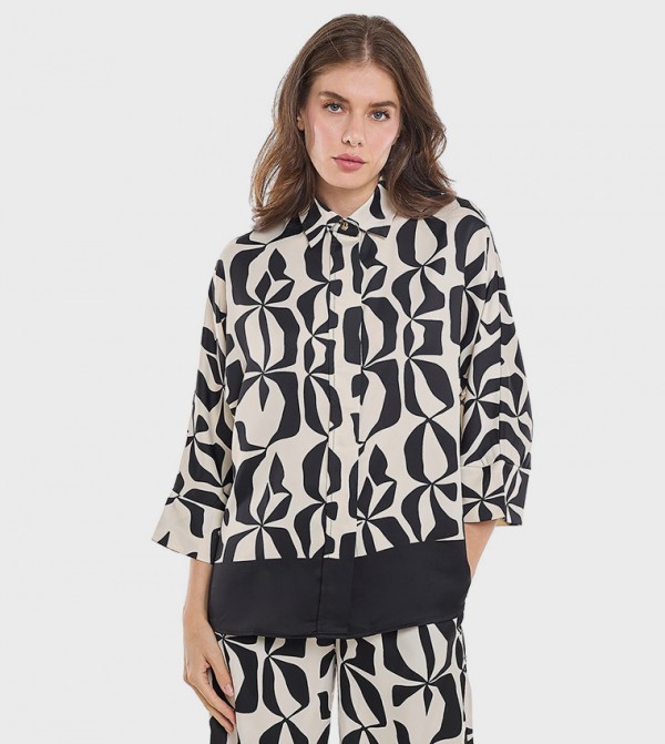 Patterned Shirt with Classic Collar and 3/4 Sleeves