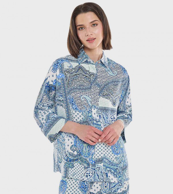 Patterned Shirt with Classic Collar and 3/4 Sleeves
