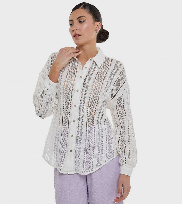 Openwork Shirt with Classic Collar and Long Sleeves