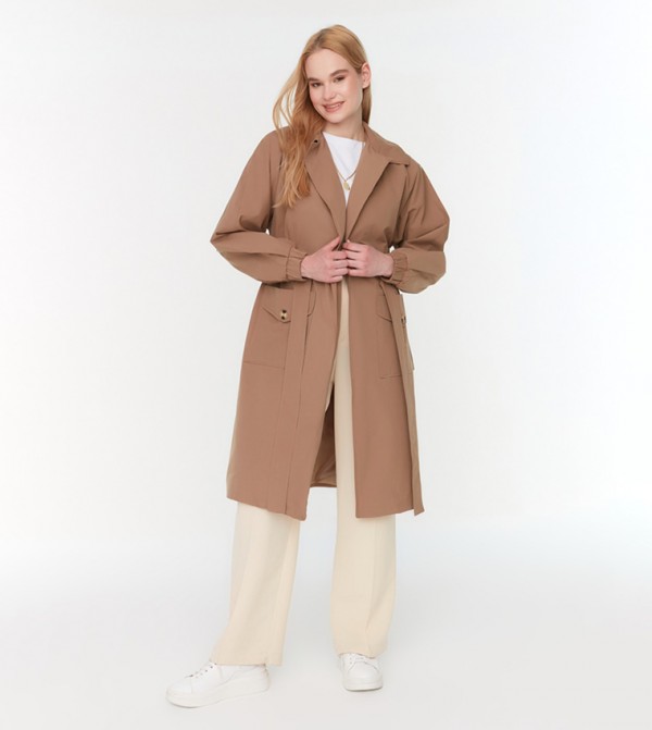 Buy Trendyol Belted Long Sleeves Trench Coat In Brown | 6thStreet