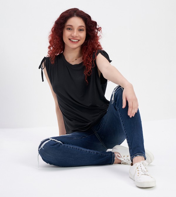 Solid Ruched Shoulder Detail Top 