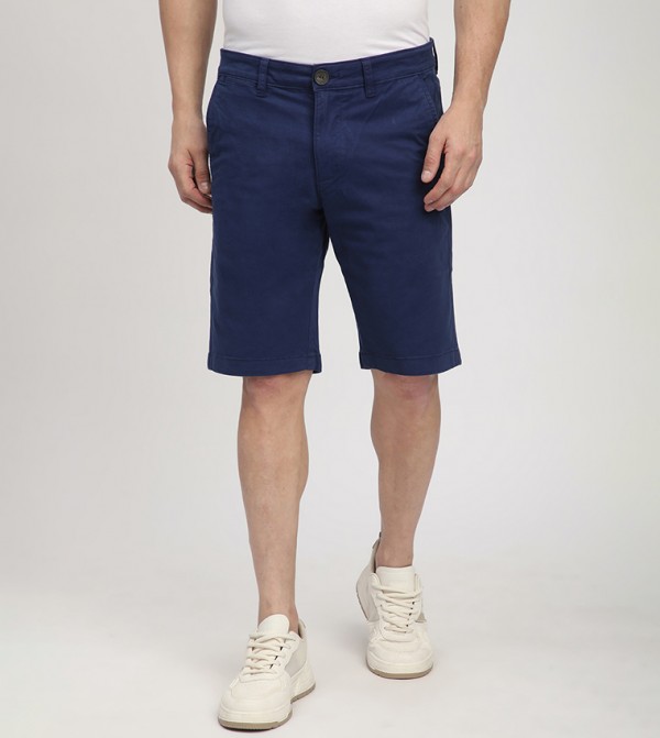 Solid Button Closure Woven Shorts
