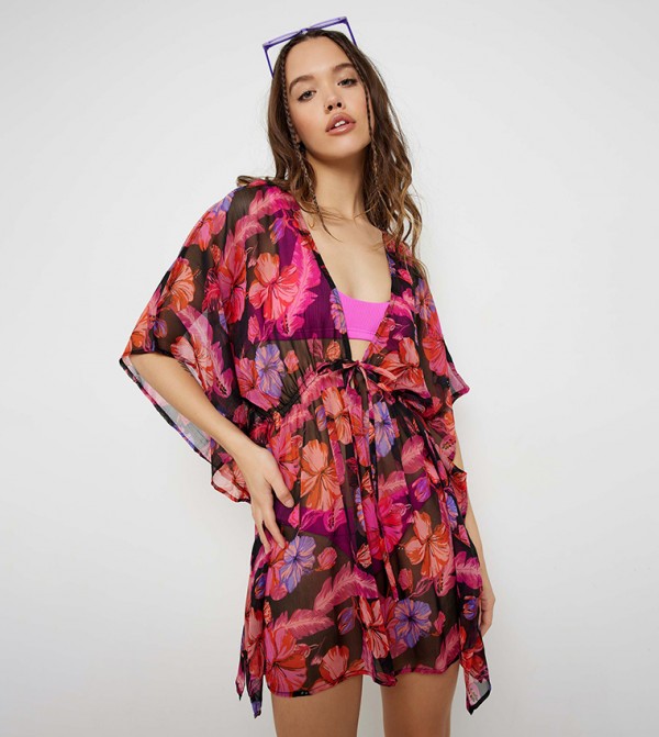 Printed Tie Front Kimono