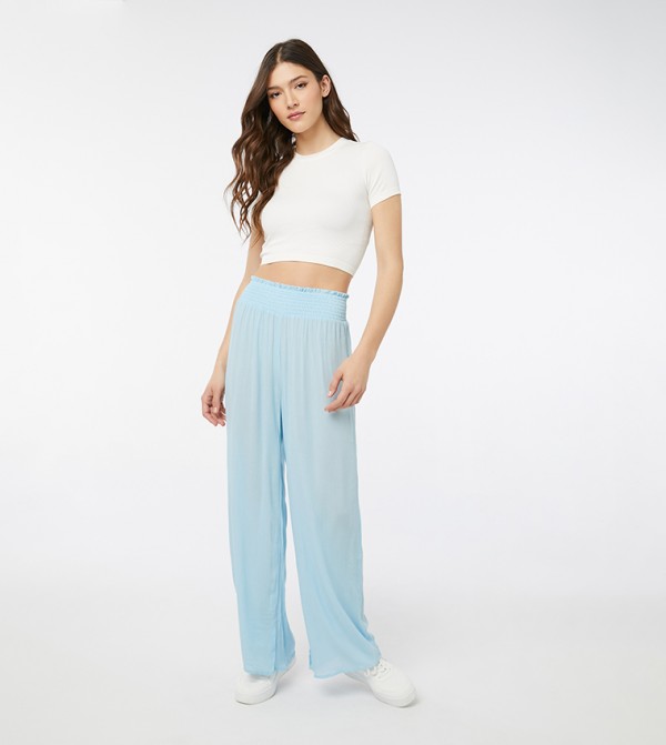 Button front rayon crinkle palazzo pants