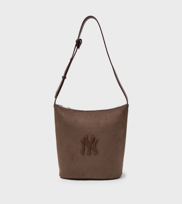 Monogram Applique Suede Bucket Bag