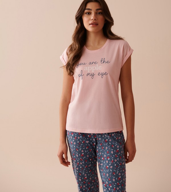 Apple Print Cotton Crew Neck Sleep T-Shirt