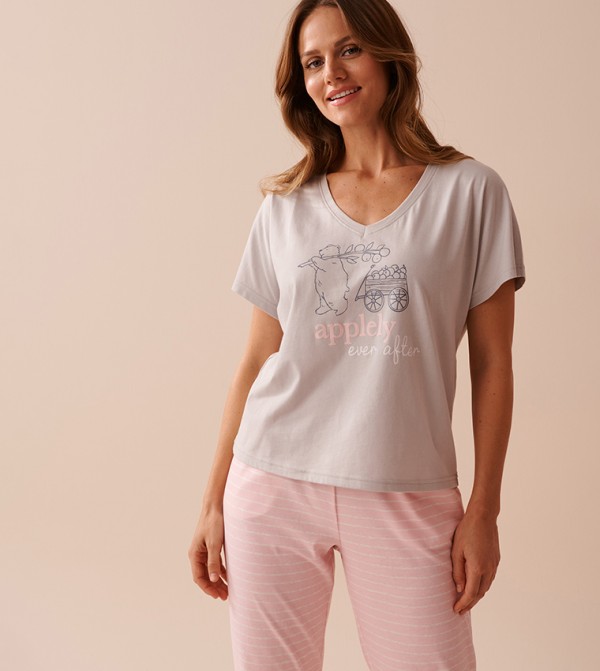 Apple Print Cotton V-Neck Sleep T-Shirt