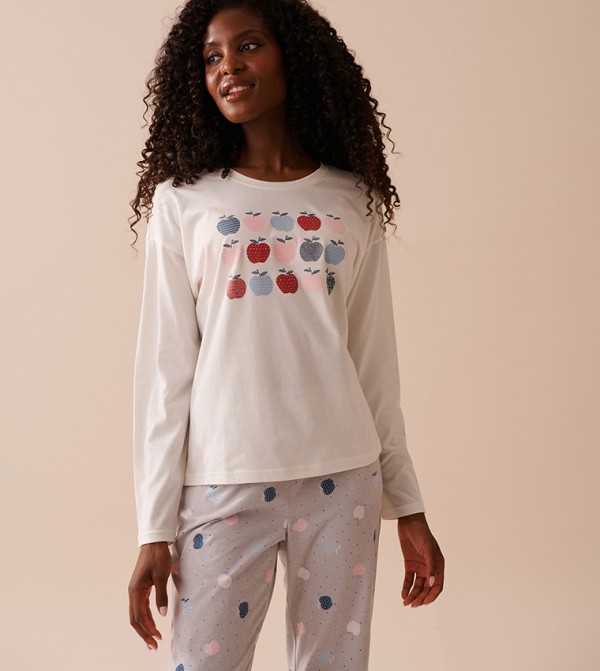 Apple Print Cotton Long Sleeves Sleep Top