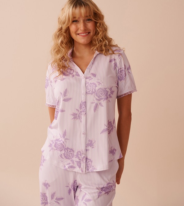 Lilac Rose Print Super Soft Button-Down Shirt