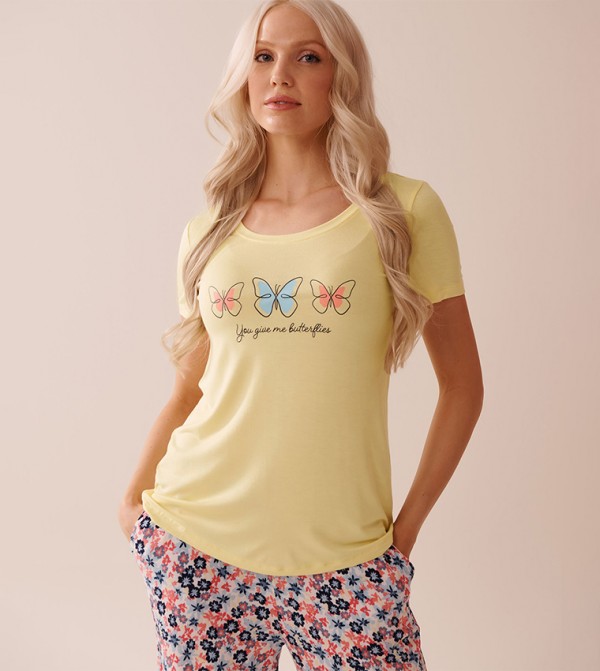 Butterfly Print Soft Jersey Crew Neck T-Shirt
