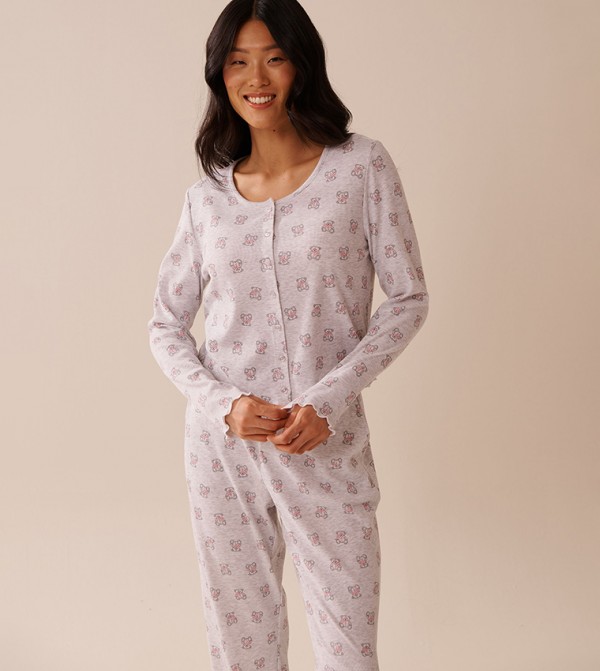 Teddy Bear Print Ribbed Long Sleeves Sleep Shirt