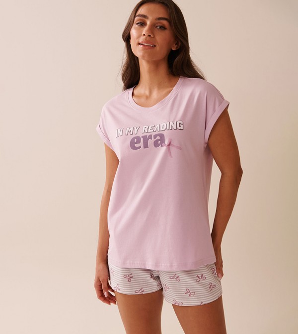 Bow Print Cotton Crew Neck Sleep T-Shirt