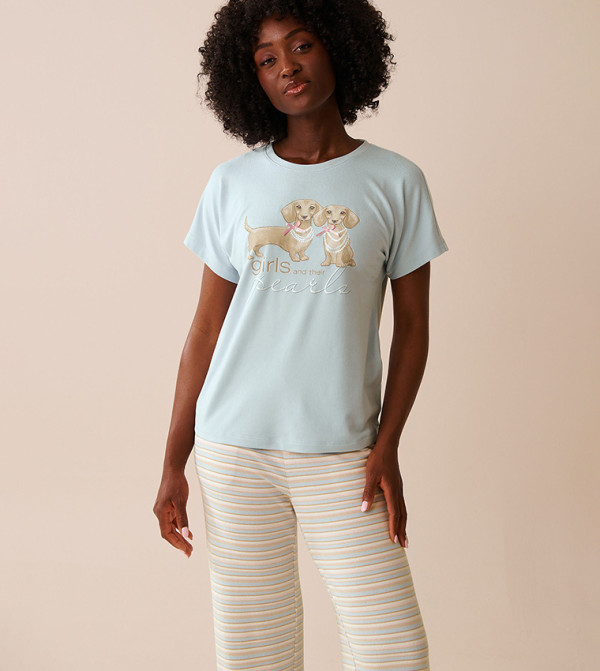 Dachshund Print Recycled Fibers Crew Neck Sleep T-Shirt