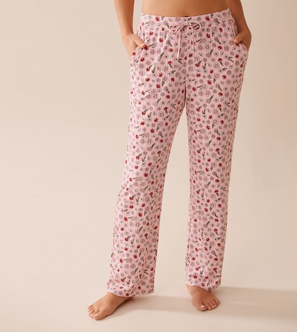Pink Floral Print Ribbed Jersey Pyjama Pants