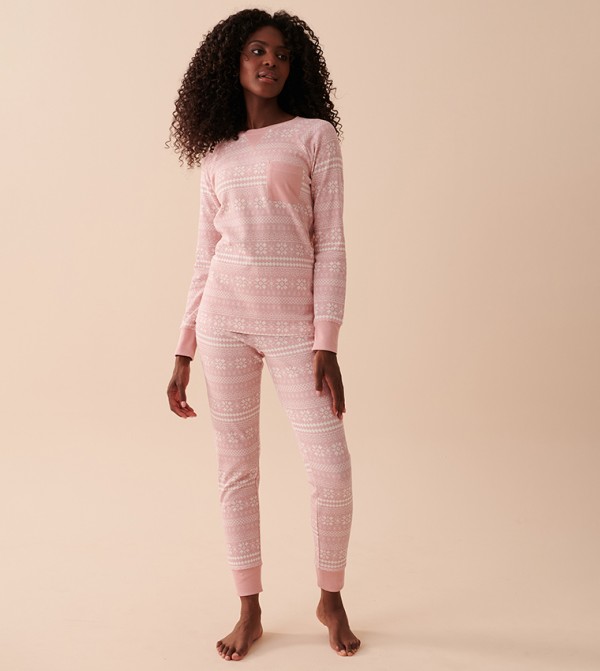 Buy La Vie En Rose Fair Isle Waffle Knit Pajama Set In Pink 6thStreet UAE