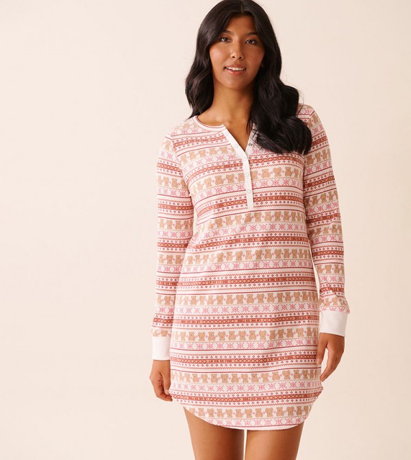 Teddy Bear Print Waffle Knit Long Sleeves Sleep Top