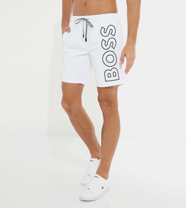 Buy BOSS Logo Printed Mid Waist Swim Shorts In White 6thStreet UAE