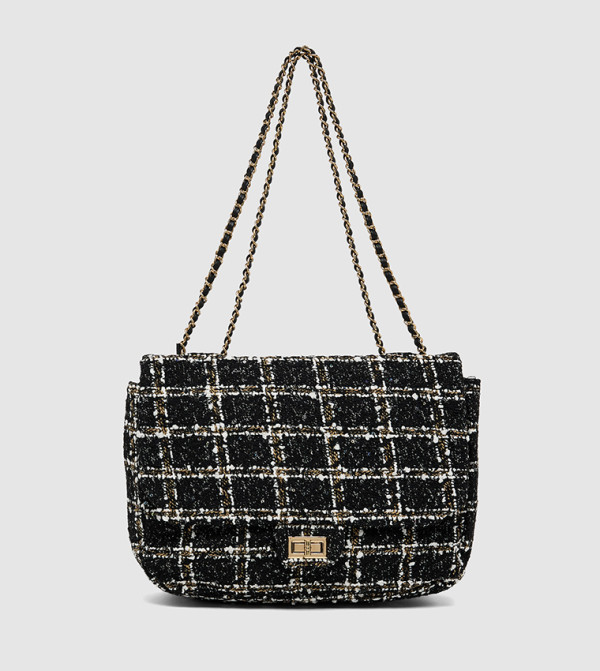 Tweed Chain Shoulder Bag with Turn-Lock Closure