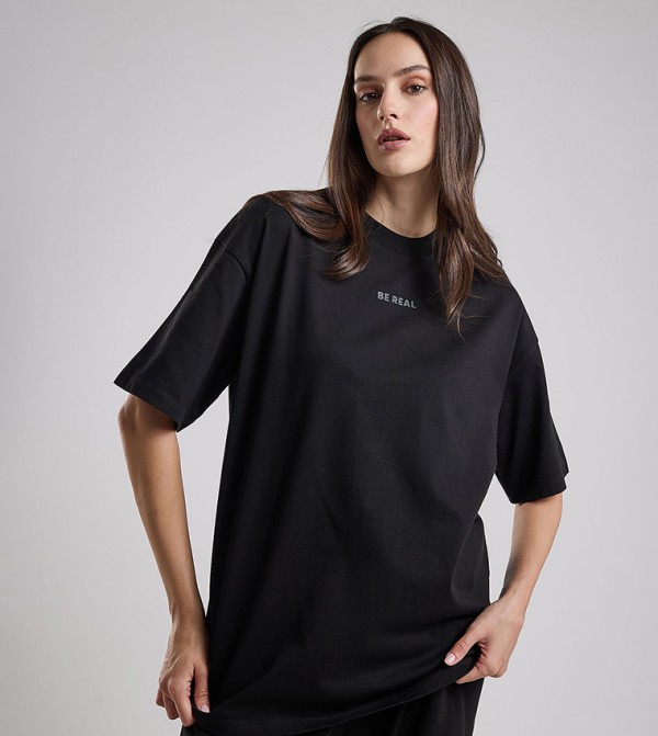 Print Detail Oversized T-Shirt with Crew Neck and Short Sleeves