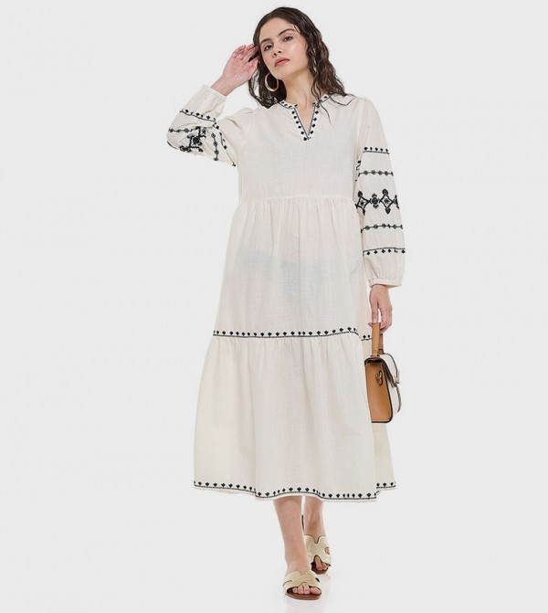 Embroidered Tiered Dress with Stand Collar and Long Sleeves