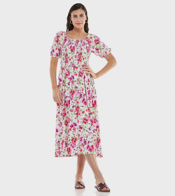 Floral Printed Midi Dress with Square Neck and Puff Sleeves