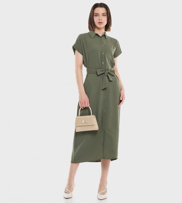 Belted Shirt Dress with Classic Collar and Short Sleeves