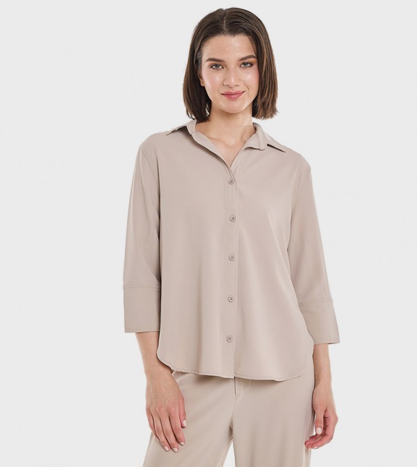 Solid Shirt with Classic Collar and 3/4 Sleeves