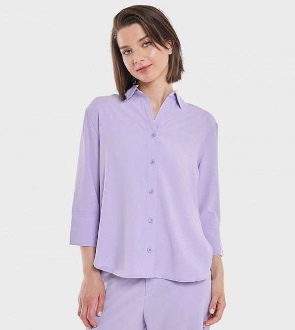 Solid Shirt with Classic Collar and 3/4 Sleeves