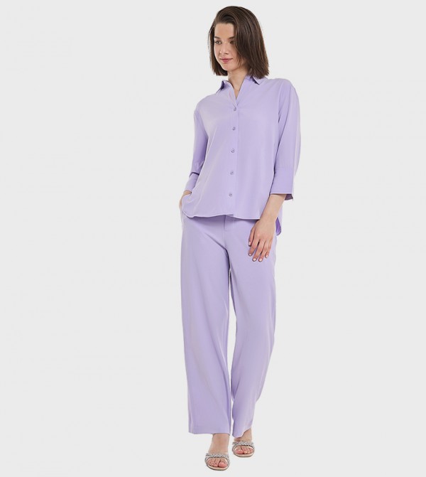 Solid Wide Leg Trousers with Button Closure