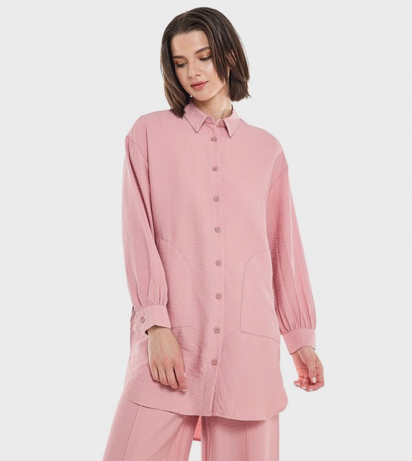Crinkled Tunic with Classic Collar and Long Sleeves