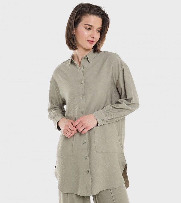 Crinkled Tunic with Classic Collar and Long Sleeves