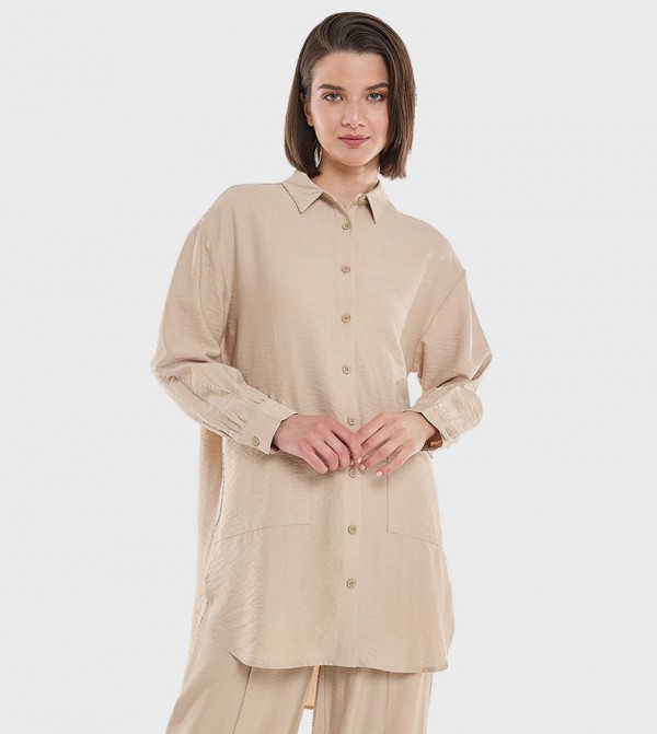 Crinkled Tunic with Classic Collar and Long Sleeves