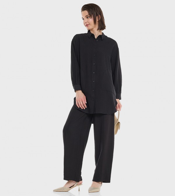 Solid Wide Leg Pants with Drawstring Closure