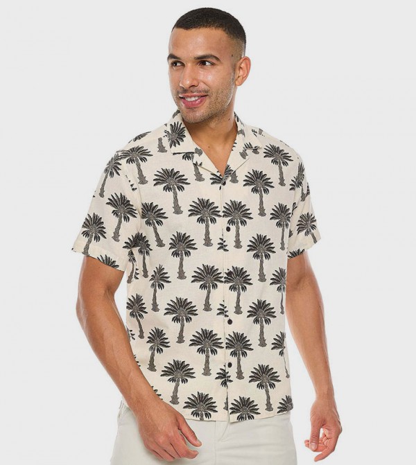 Printed Shirt with Revere Collar and Short Sleeves