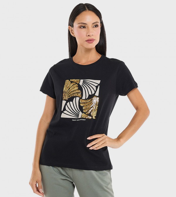 Sequined T-Shirt with Crew Neck and Short Sleeves