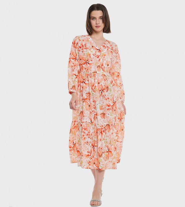 Floral Printed Midi Dress with V-Neck and Long Sleeves