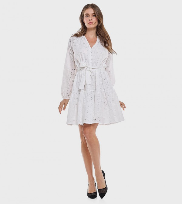 Schiffli Mini Dress with V-Neck and Long Sleeves