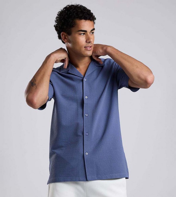 Textured Shirt with Revere Collar and Short Sleeves