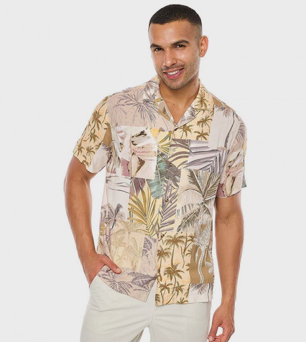 Patterned Shirt with Revere Collar and Short Sleeves