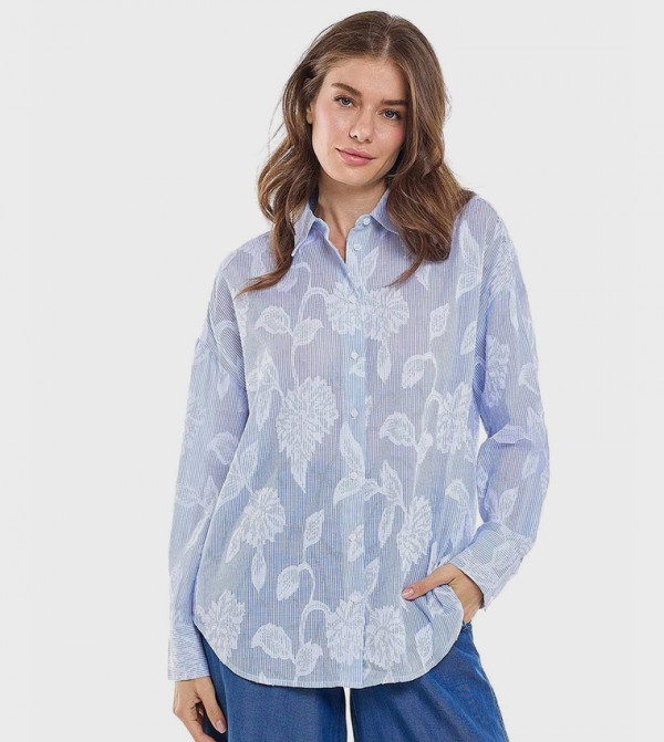 Floral Jacquard Shirt with Classic Collar and Long Sleeves