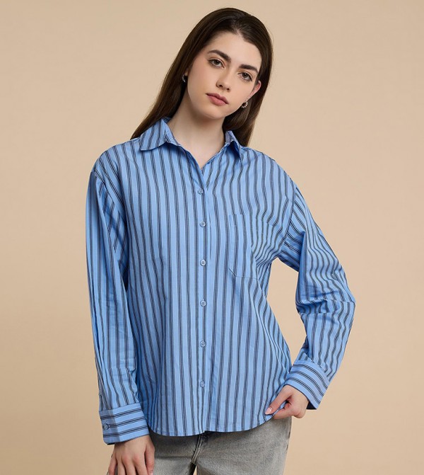 Striped Shirt with Shirt Collar and Long Sleeves