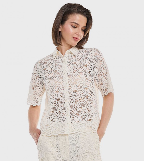 Lace Shirt with Classic Collar and Short Sleeves